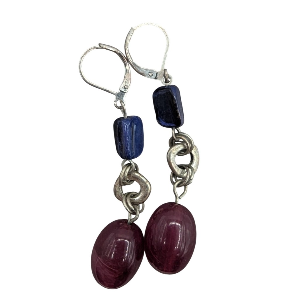 Handmade Stone Drop Earrings Purple Navy Blue Silver Tone Leverback Dangle 2.25"